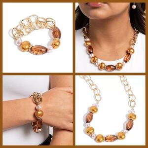 Goldtone and Brown Necklace & Bracelet Set with Amber-colored Beads, NWT